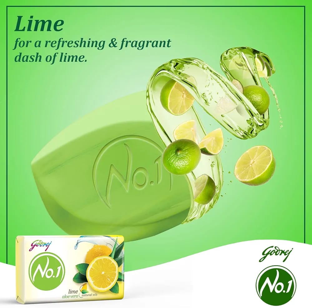 Godrej No. 1 Bathing Soap Lime & Aloe Vera – Grade 1 Soap & Long-lasting Fragrance, Combo Pack of 4+1 (100g each)