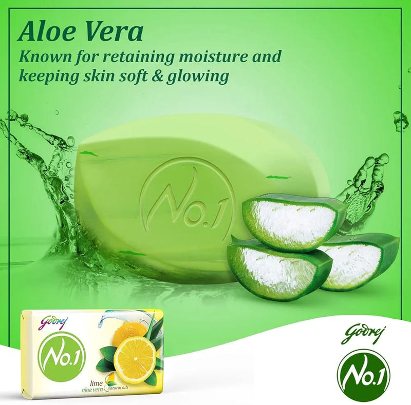 Godrej No. 1 Bathing Soap Lime & Aloe Vera – Grade 1 Soap & Long-lasting Fragrance, Combo Pack of 4+1 (100g each)
