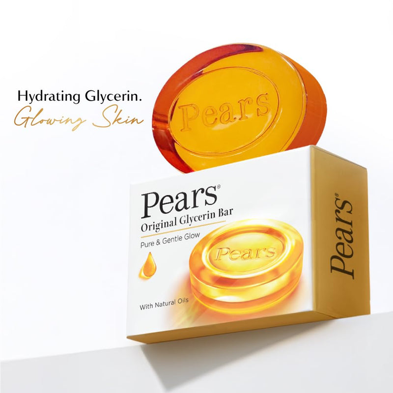 Pears Original Glycerin Soap Bar - Pure & Gentle Glow | With 98% Pure Glycerin | For Hydration & Glow | With Plant Based Cleanser for Skin & Body | Paraben-free | 300gms