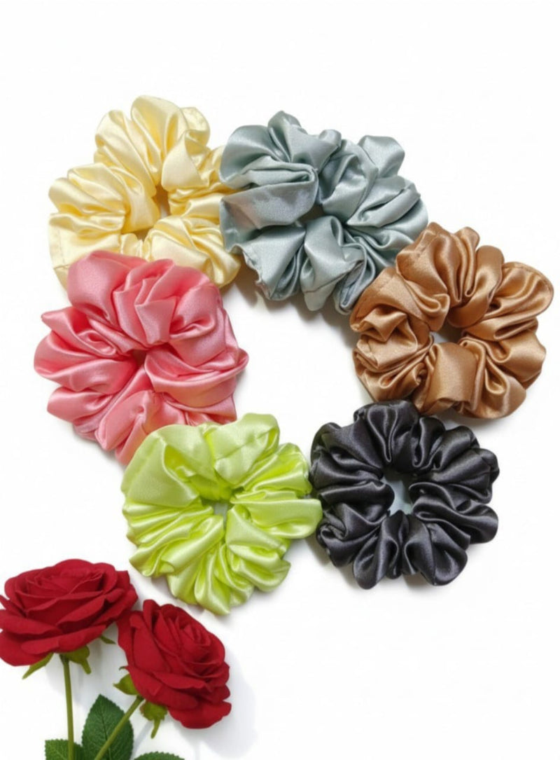 🎀 Multicolor Satin Hair Scrunchies set for women, girls Smooth, Soft Rubber band , Hair Band pack of 6