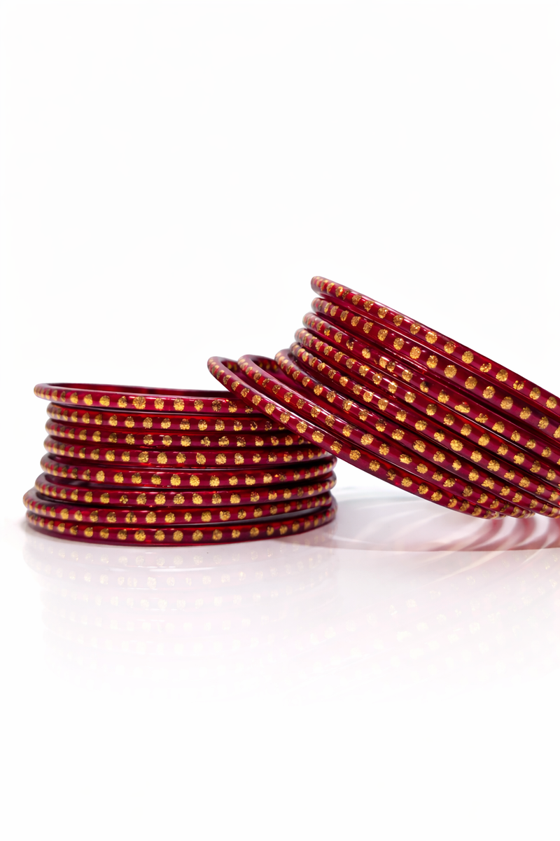 Classic Mehrun Colour Party Wear Bangles with Rich Golden Polka Design (set of 24)