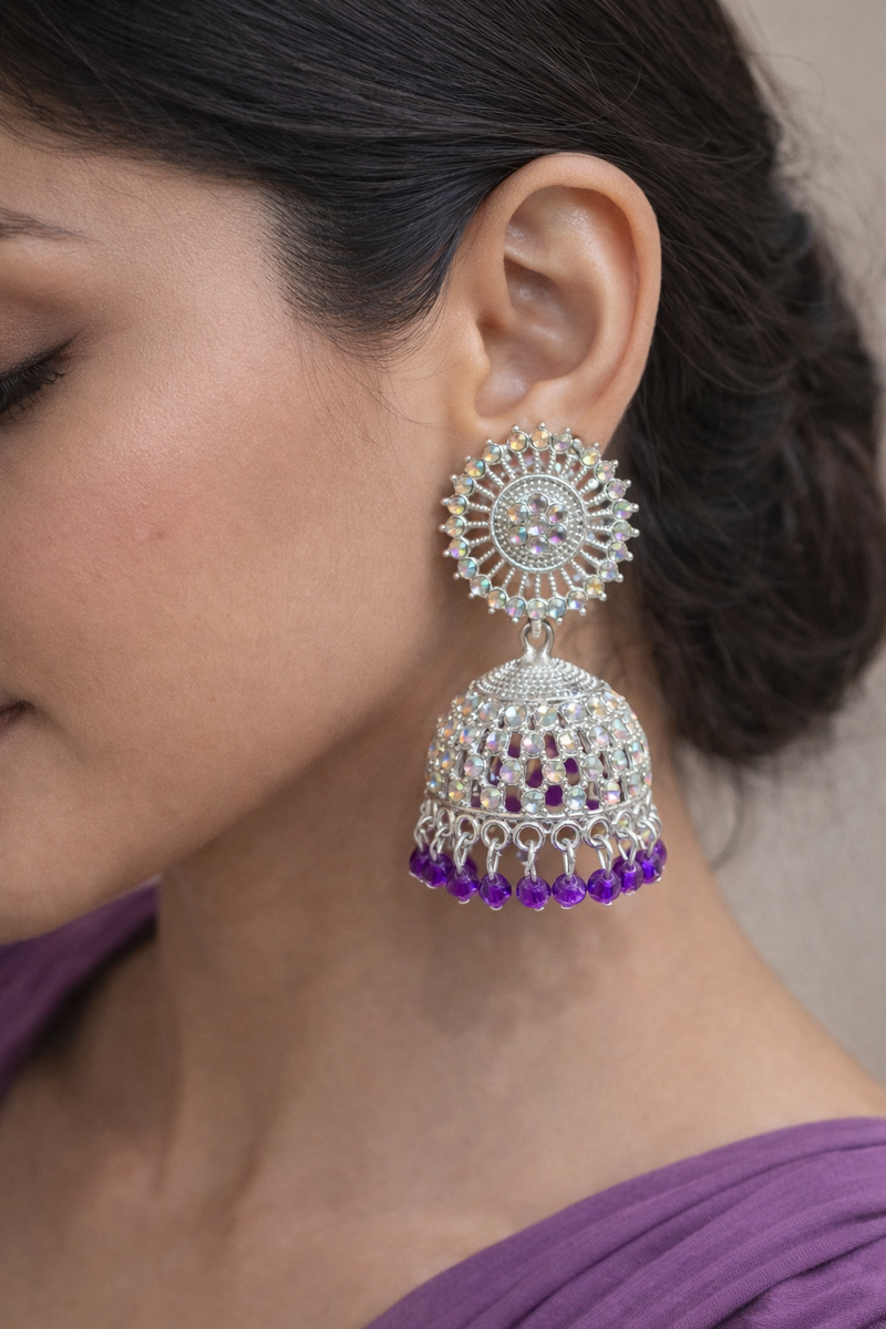 ✨Anti-Tarnish Silver Finish Jhumka Earrings & Tika Set with Purple Beads
