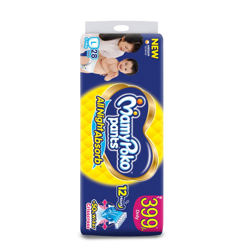 MamyPoko Pants All Night Absorb Baby Diapers, Large (L), 28 Count 9-14 kg