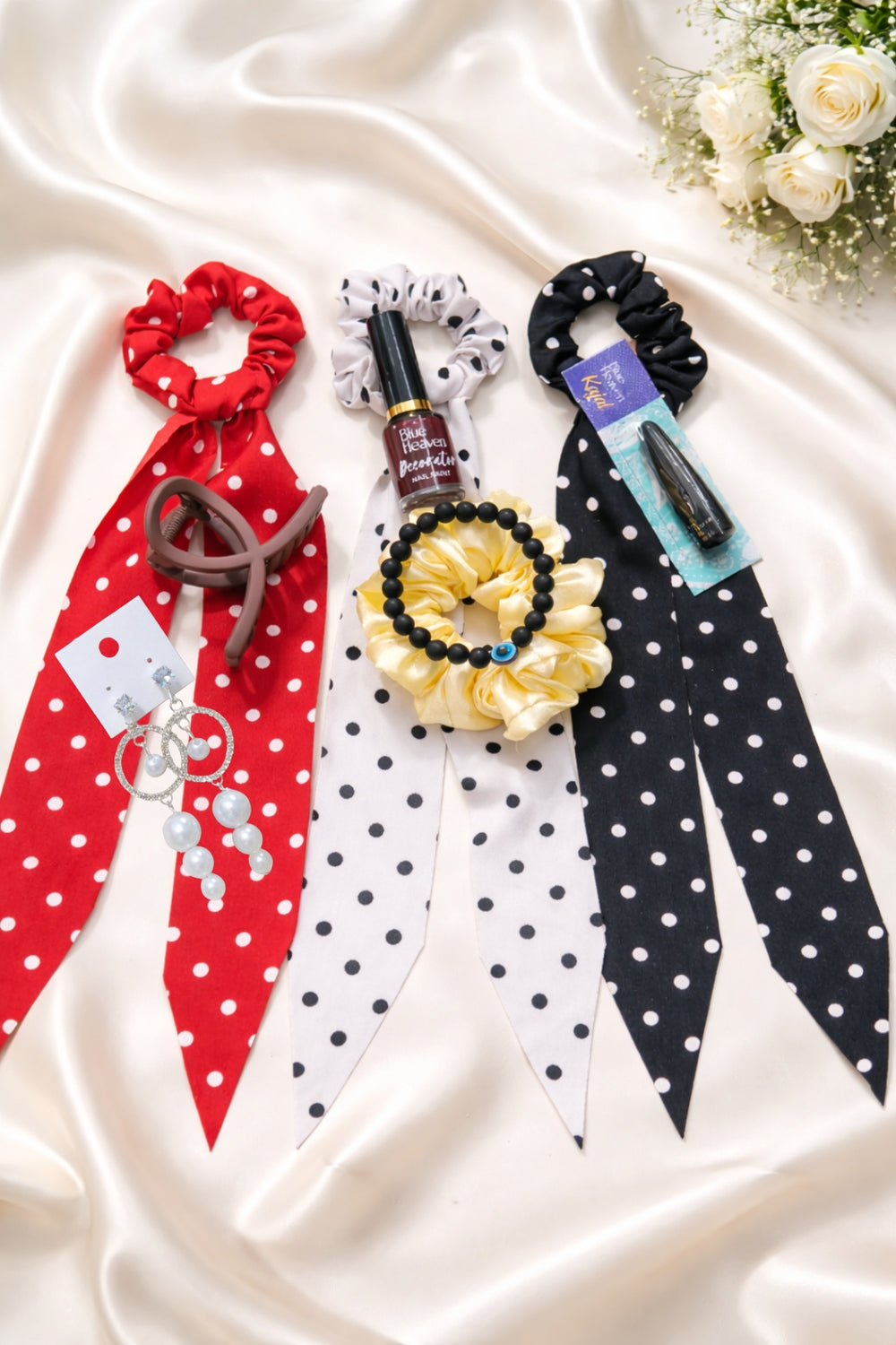 Girls Fashion Accessories Combo Pack of 9 – Scarf Scrunchie, Scrunchie,Earrings, Clutcher, Bracelet,Bule Heaven  NailPaint & Kajal