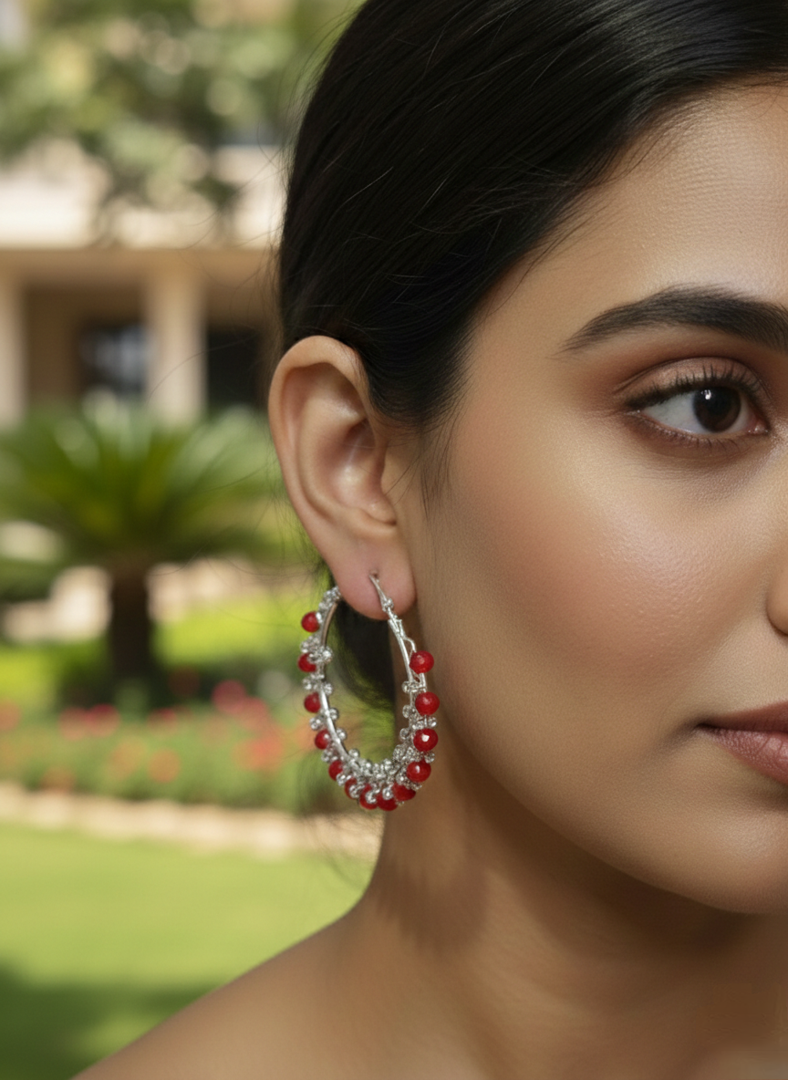 Red & Sky Blue Beaded Silver Hoop Earrings