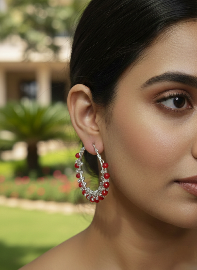Red & Sky Blue Beaded Silver Hoop Earrings