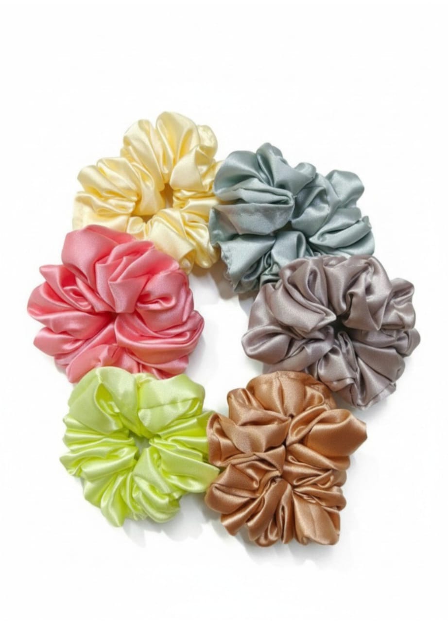 🎀 Multicolor Satin Hair Scrunchies set for women, girls Smooth, Soft Rubber band , Hair Band pack of 6