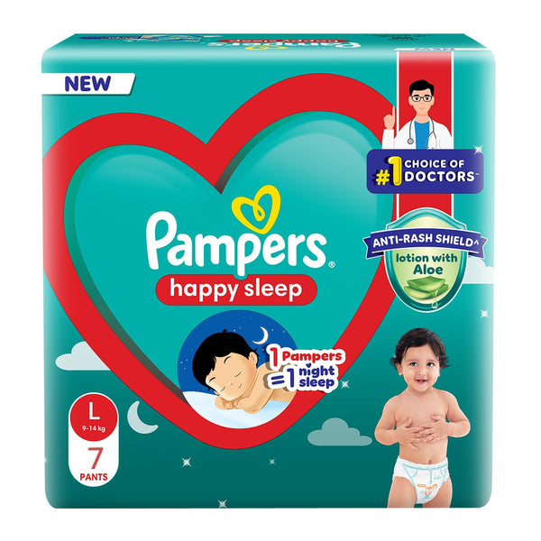 Pampers Happy Sleep Pant Style Baby Diapers, Large (L), 7 Count, 1 Pampers = 1 Night Sleep, with Anti Rash Shield, 9-14 Kg Diapers