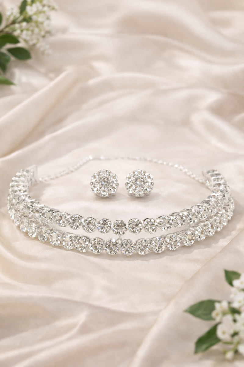 Luxury Radiance Double-Layer Crystal Necklace Set with Matching Stud Earrings