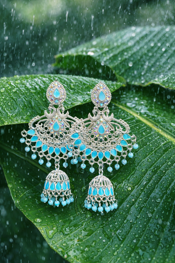 Anti-Tarnish Elegant Aqua Tone Silver Finish Designer Earrings