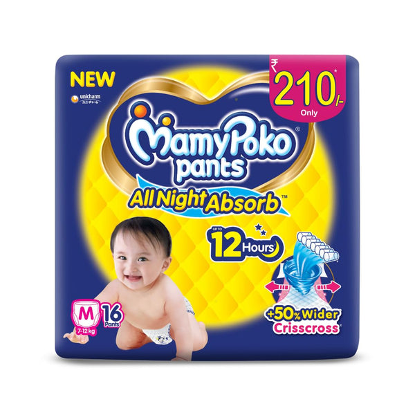 MamyPoko Pants All Night Absorb Baby Diapers, Medium (M), 16 Count 7-12 kg