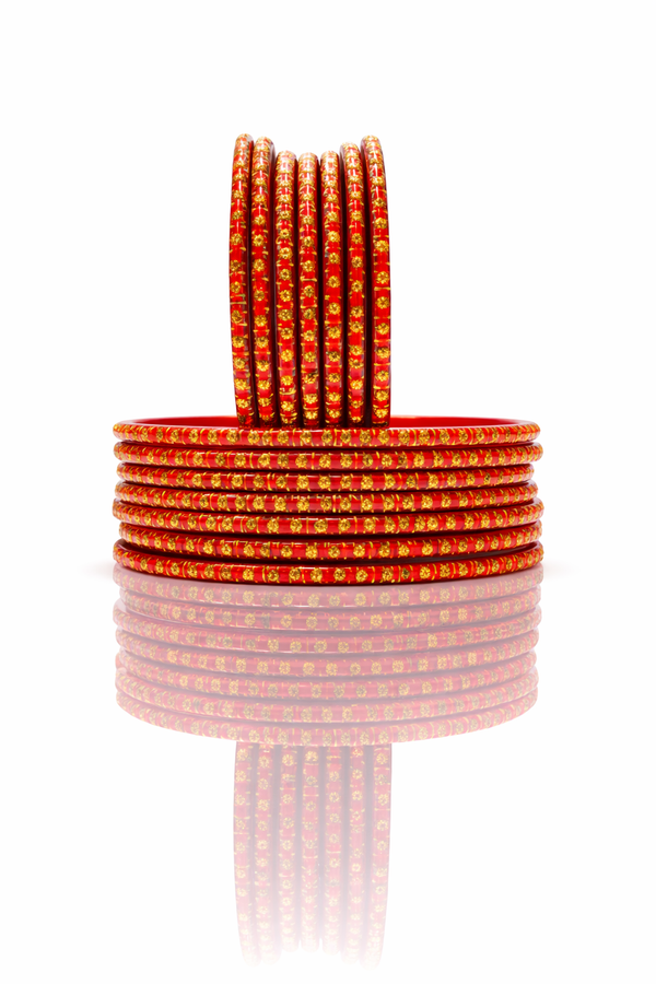 Classic Red Churi Bangles Set with Gold Detailing (pack of 24)