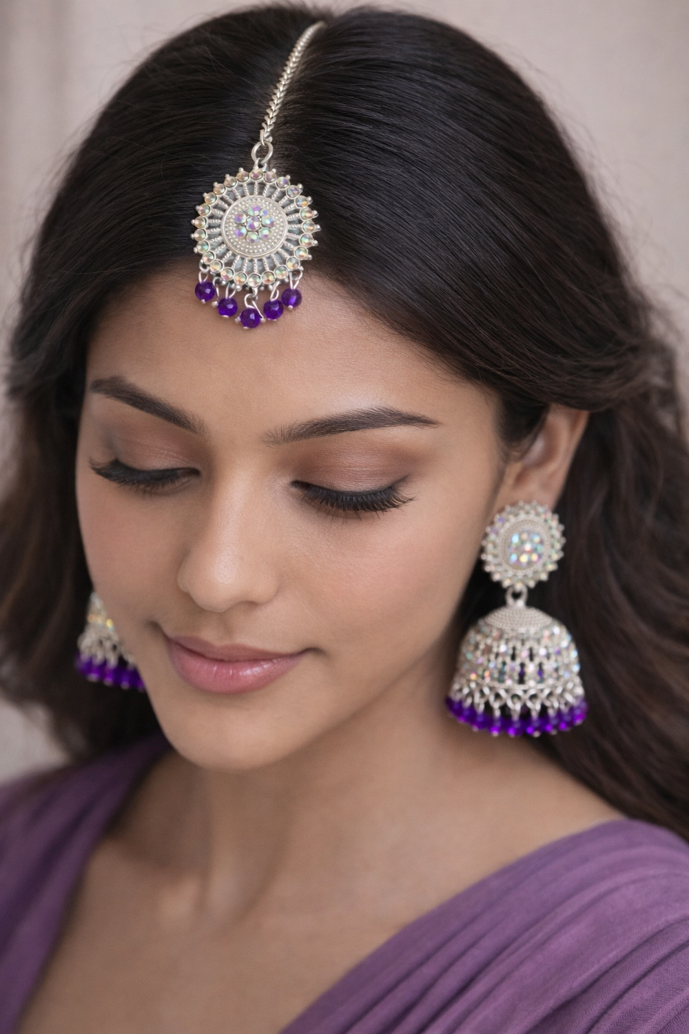 ✨Anti-Tarnish Silver Finish Jhumka Earrings & Tika Set with Purple Beads