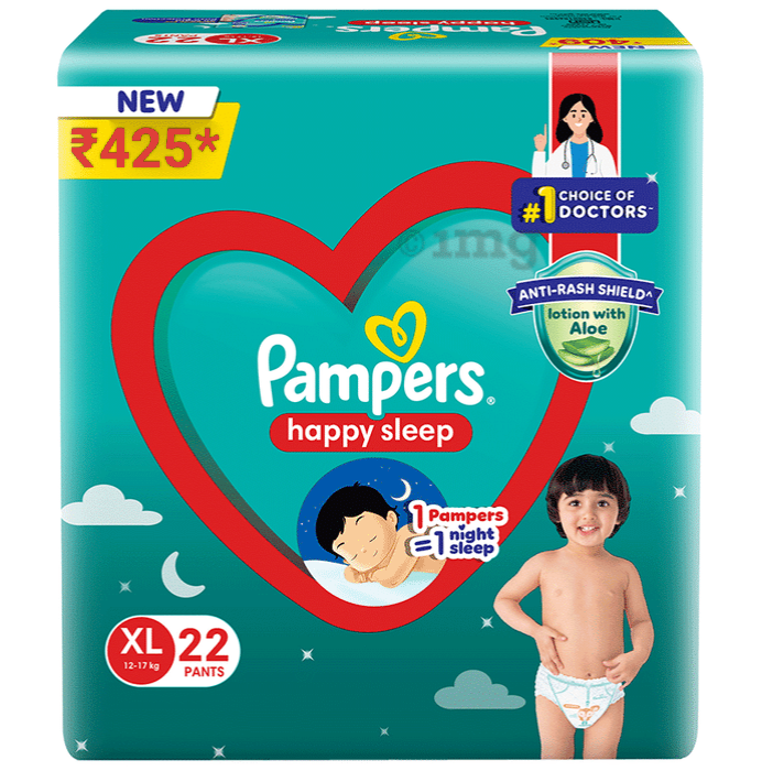Pampers Happy Sleep Pant Style Baby Diapers, X-Large (XL), 22 Count, 1 Pampers = 1 Night Sleep, with Anti Rash Shield, 12-17 Kg Diapers