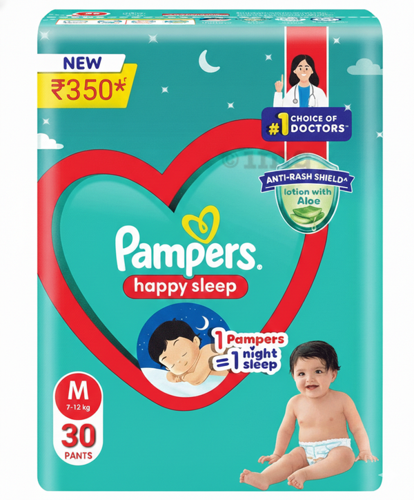 Pampers Happy Sleep Diaper| Pant Style Diaper Medium Size, 30 count | Overnight Protection with upto 10 hrs absorption,30 Count