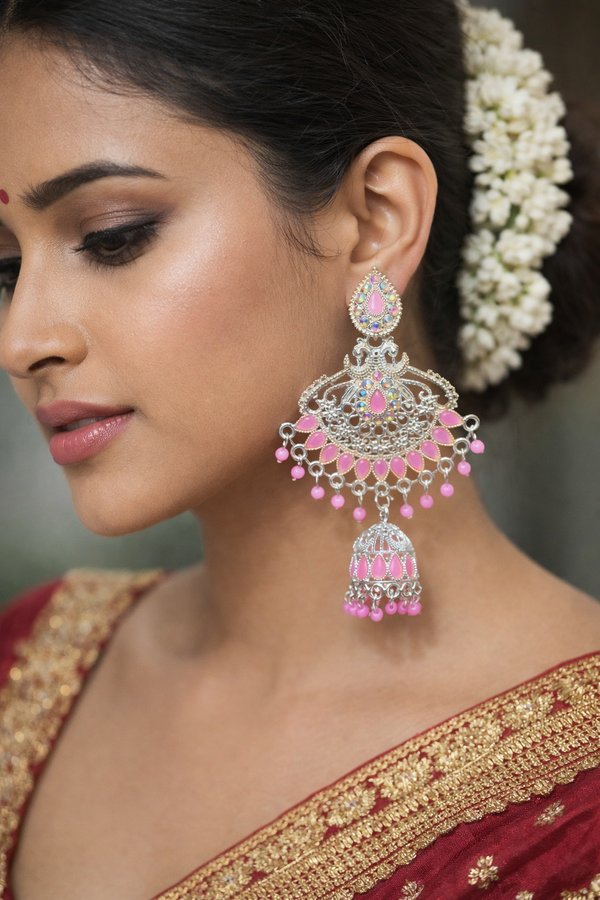 Anti-Tarnish Classic Silver Finish Pink Stone Earrings