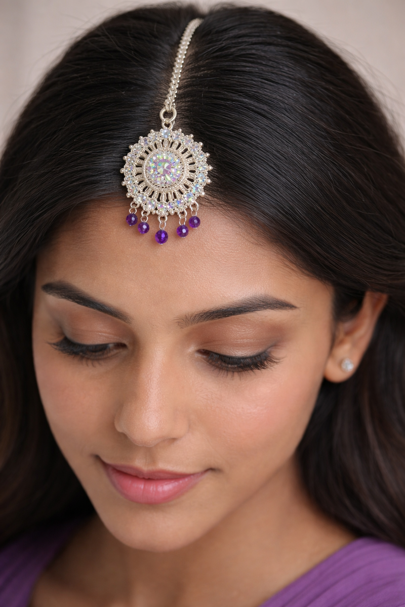 ✨Anti-Tarnish Silver Finish Jhumka Earrings & Tika Set with Purple Beads