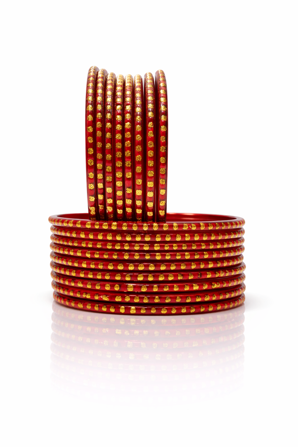 Classic Mehrun Colour Party Wear Bangles with Rich Golden Polka Design (set of 24)