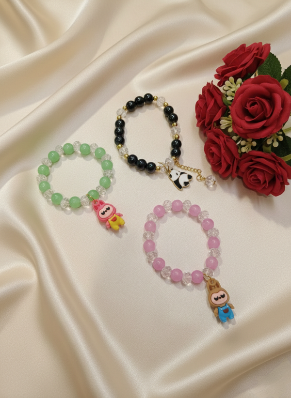 Pink, Green & Black Beaded Charm Bracelet Set – Pack of 3