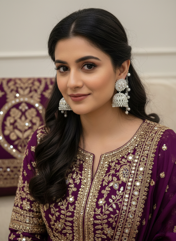 Anti-Tarnish Silver Floral Jhumka Earrings with Pearls & Ear Chain