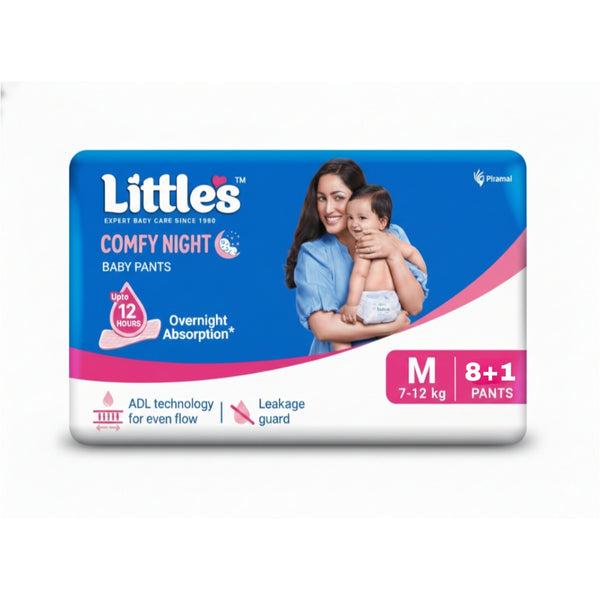 Little's Baby Diapers M Size (Medium) Pants Style | 7-12 kg | 8+1 Count | Comfy Nights Baby Diaper Pants