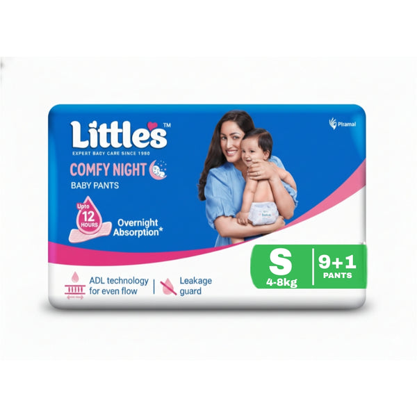 Little's Baby Diapers S Size (Small) Pants Style | 4-8 kg | 9+1 Count | Comfy Nights Baby Diaper Pants