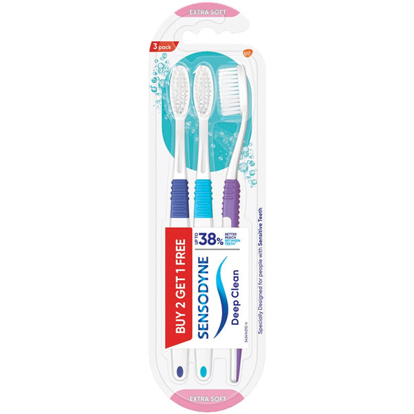 Sensodyne Deep Clean Toothbrush | Extra Soft Bristles Tooth Brush | Effective Cleaning, Gentle on Teeth, Toothbrush Set Pack of 3 (Buy 2 Get 1 Free), Multicolour | Dentist Recommended Brand