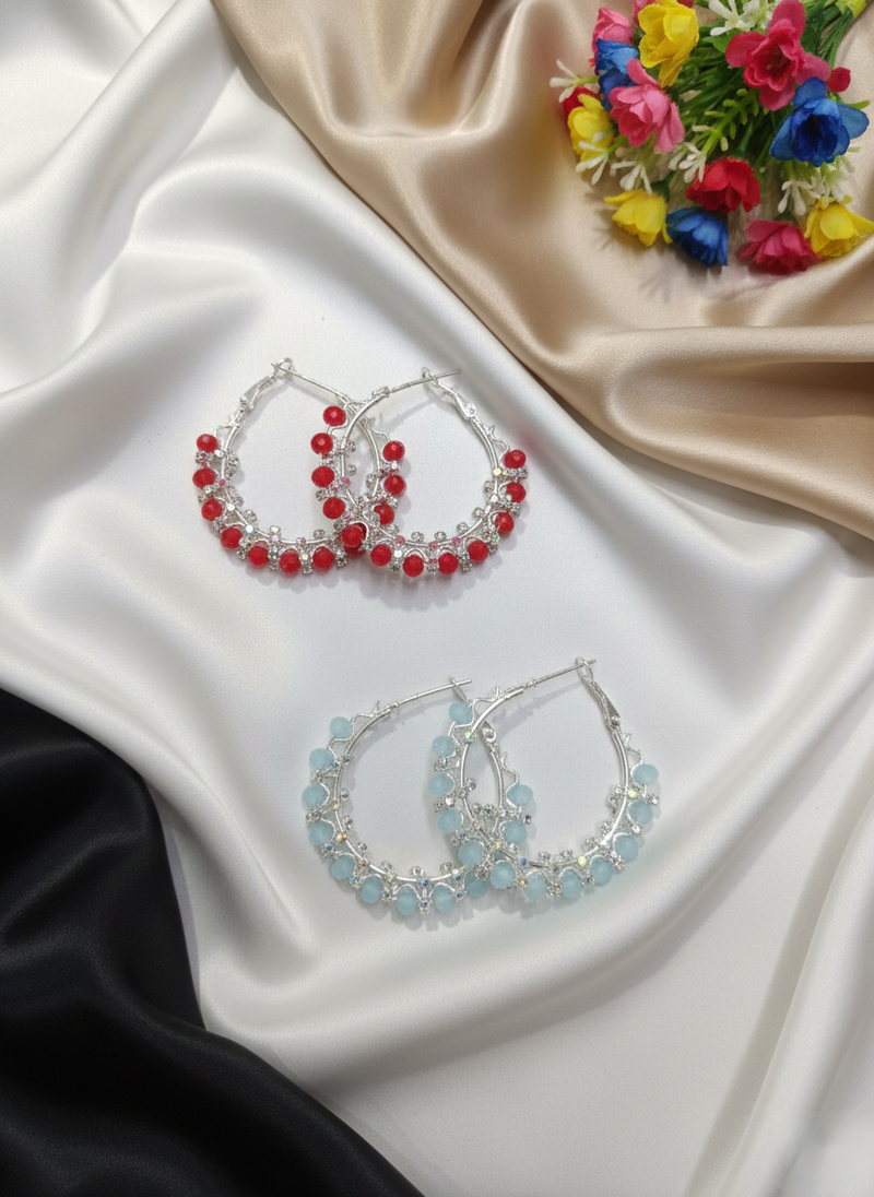 Red & Sky Blue Beaded Silver Hoop Earrings