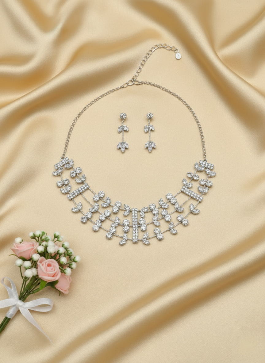 Anti-Tarnish Silver-Finish Crystal Necklace Set with Matching Earrings