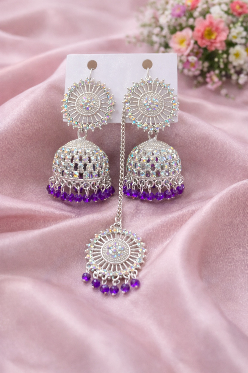 ✨Anti-Tarnish Silver Finish Jhumka Earrings & Tika Set with Purple Beads