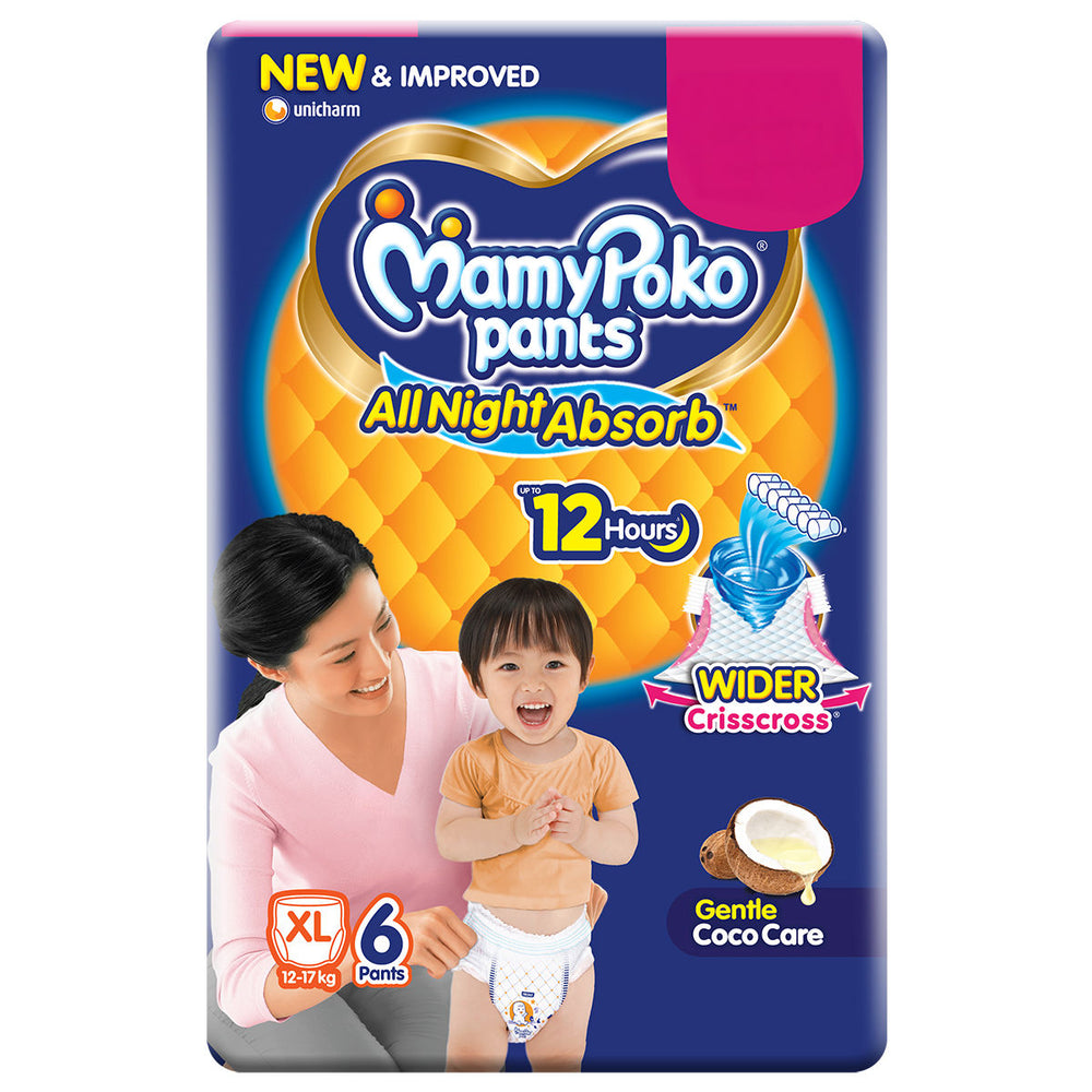 Mamypoko pants All night absorb| Pant Style Baby Diapers X- Large Size(XL), 6 Count, Ideal for 12-17Kgs|