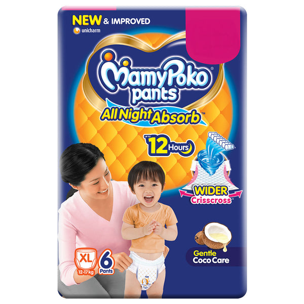 Mamypoko pants All night absorb| Pant Style Baby Diapers X- Large Size(XL), 6 Count, Ideal for 12-17Kgs|
