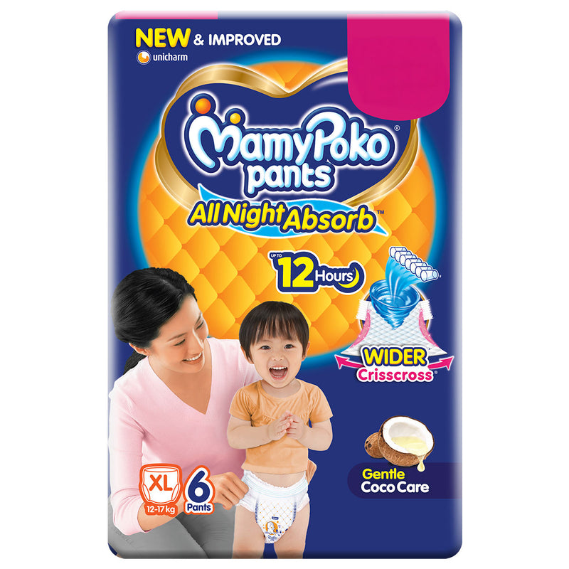 Mamypoko pants All night absorb| Pant Style Baby Diapers X- Large Size(XL), 6 Count, Ideal for 12-17Kgs|
