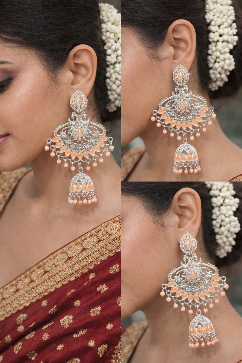 Anti-Tarnish Graceful Silver Finish Peach Accent Ethnic Earrings