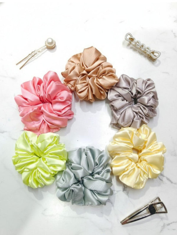 🎀 Multicolor Satin Hair Scrunchies set for women, girls Smooth, Soft Rubber band , Hair Band pack of 6