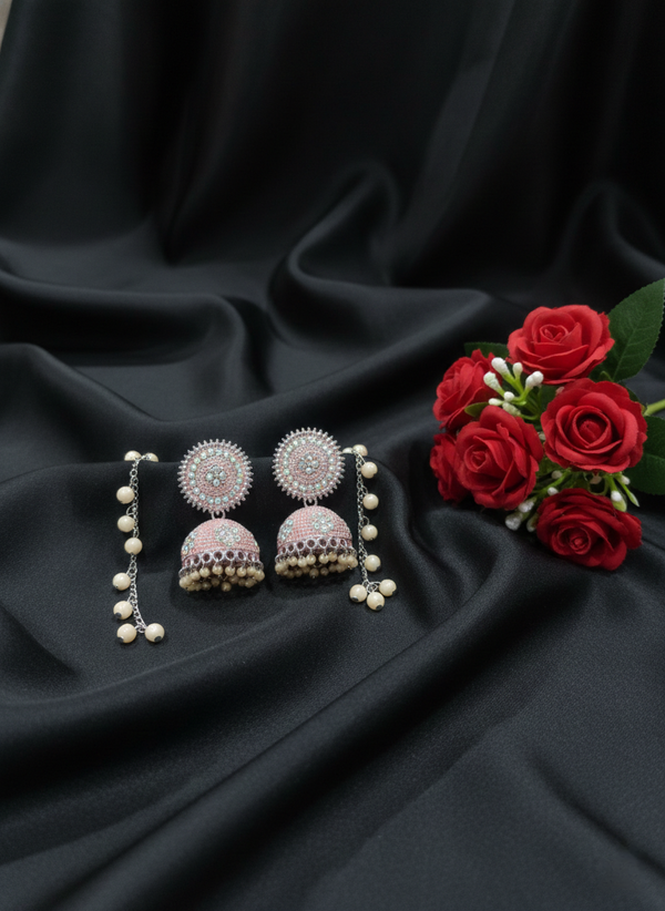 Anti-Tarnish Crystal Pearl Drop Jhumka Earrings with Chain
