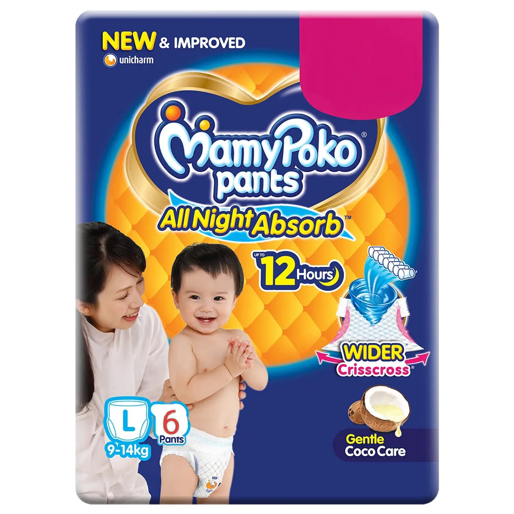 MamyPoko Pants All Night Absorb Baby Diapers, Large (L), 6 Count 9-14 kg