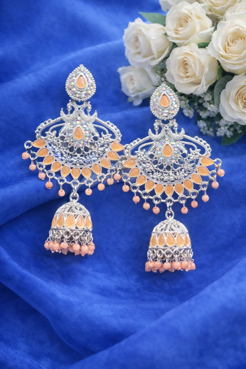 Anti-Tarnish Graceful Silver Finish Peach Accent Ethnic Earrings