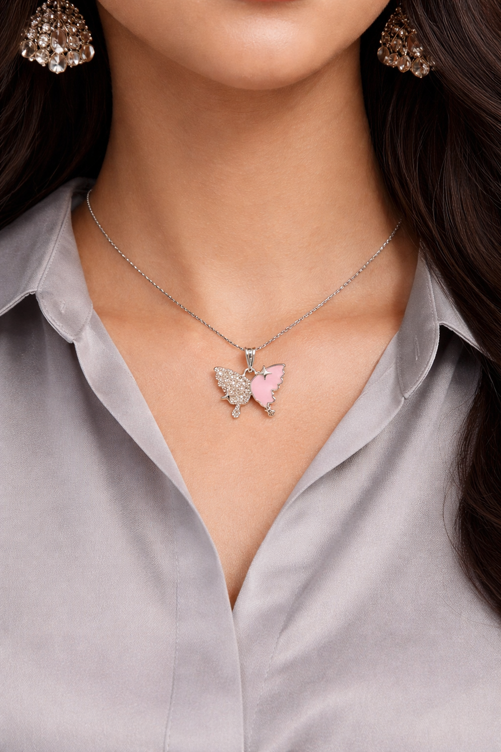 Sweet Butterfly Long Chain Necklace Set – Sky Blue, Lavender & Baby Pink-3