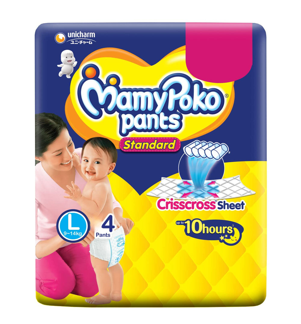 Mamypoko pants All night absorb| Pant Style Baby Diapers Large Size(L), 4 Count, Ideal for 9-14Kgs