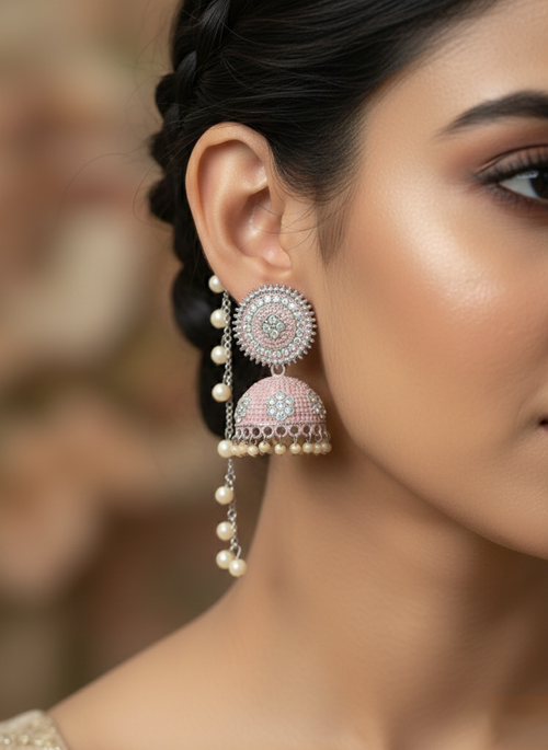 Anti-Tarnish Crystal Pearl Drop Jhumka Earrings with Chain