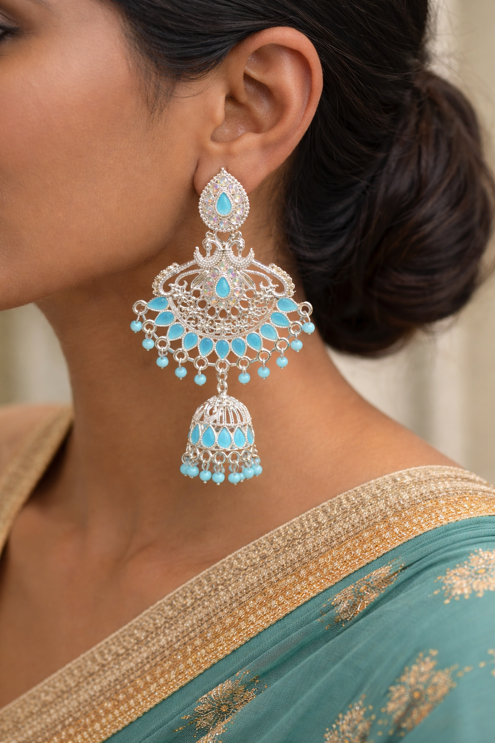 Anti-Tarnish Elegant Aqua Tone Silver Finish Designer Earrings