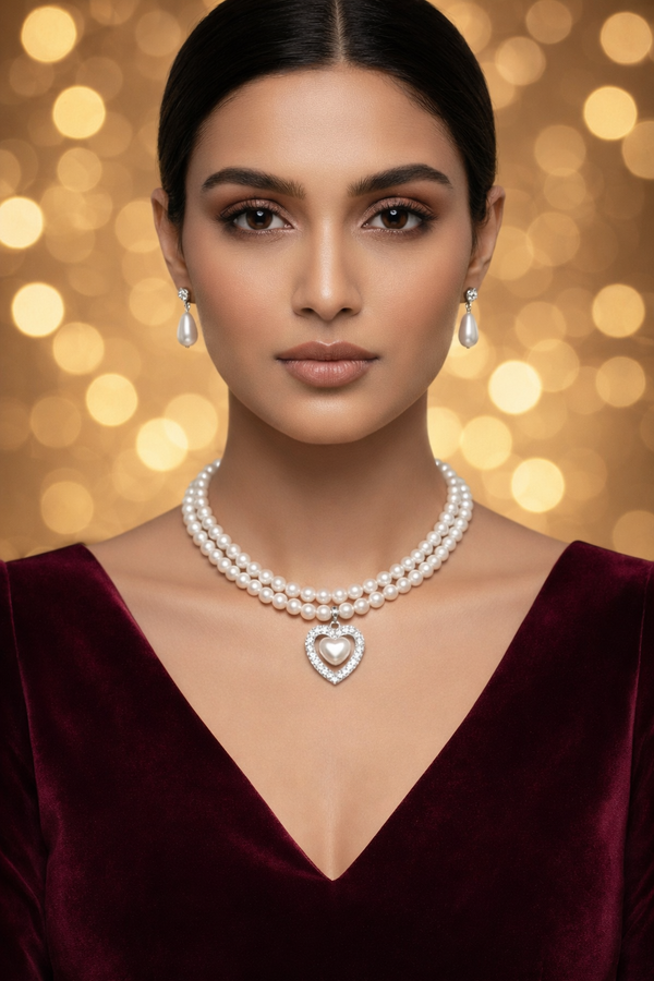 Royal Pearl Double-Strand Necklace Set with Heart-Shaped Crystal Pendant – Premium quality