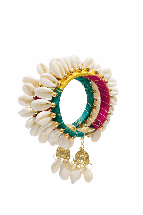 Traditional Cowrie Shell Bangles with Jhumka Charms – Multicolour Silk Thread | Free Size