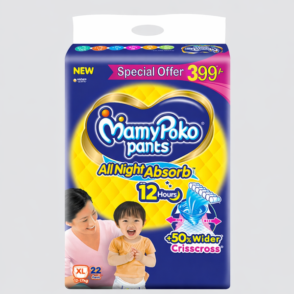 Mamypoko pants All Night Absorb| Pant Style Baby Diapers X- Large Size(XL), 22 Count, Ideal for 12-17Kgs|+50% wider and repeated absorption for all night 12hr protection from leakage |