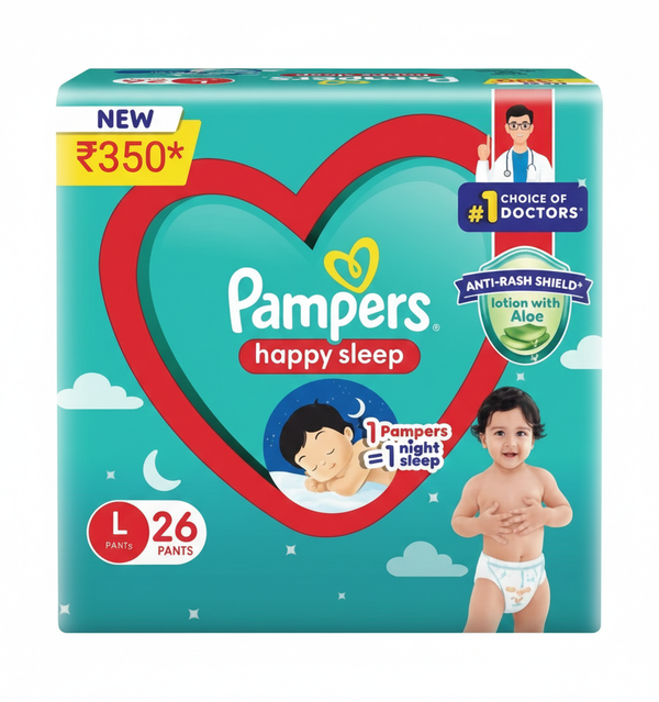 Pampers Happy Sleep Pant Style Baby Diapers, Small (L), 26 Count, 1 Pampers = 1 Night Sleep, with Anti Rash Shield, 9-14 Kg Diapers