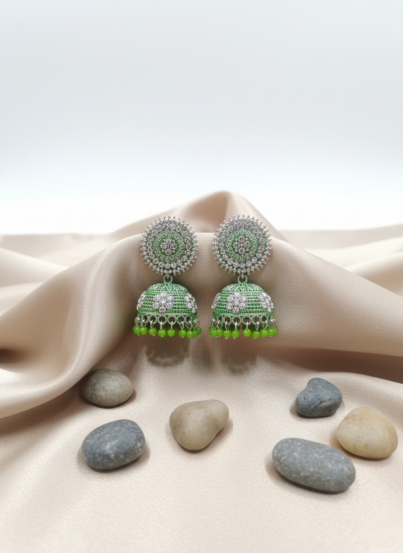 Anti-Tarnish Green Pearl Earrings Jhumka with Ear Chain