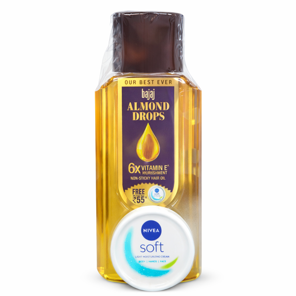 Bajaj Almond Drops Hair Oil, 475ml, Light & Non-Sticky with 6X Vitamin E for 2X Hair fall Reduction | FREE Worth ₹55/-Nivea Soft Light Moisturizing Cream