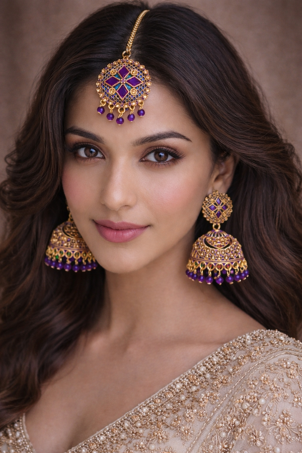 Anti-Tarnish Elegant Gold Finish Earrings with Matching Tika Set