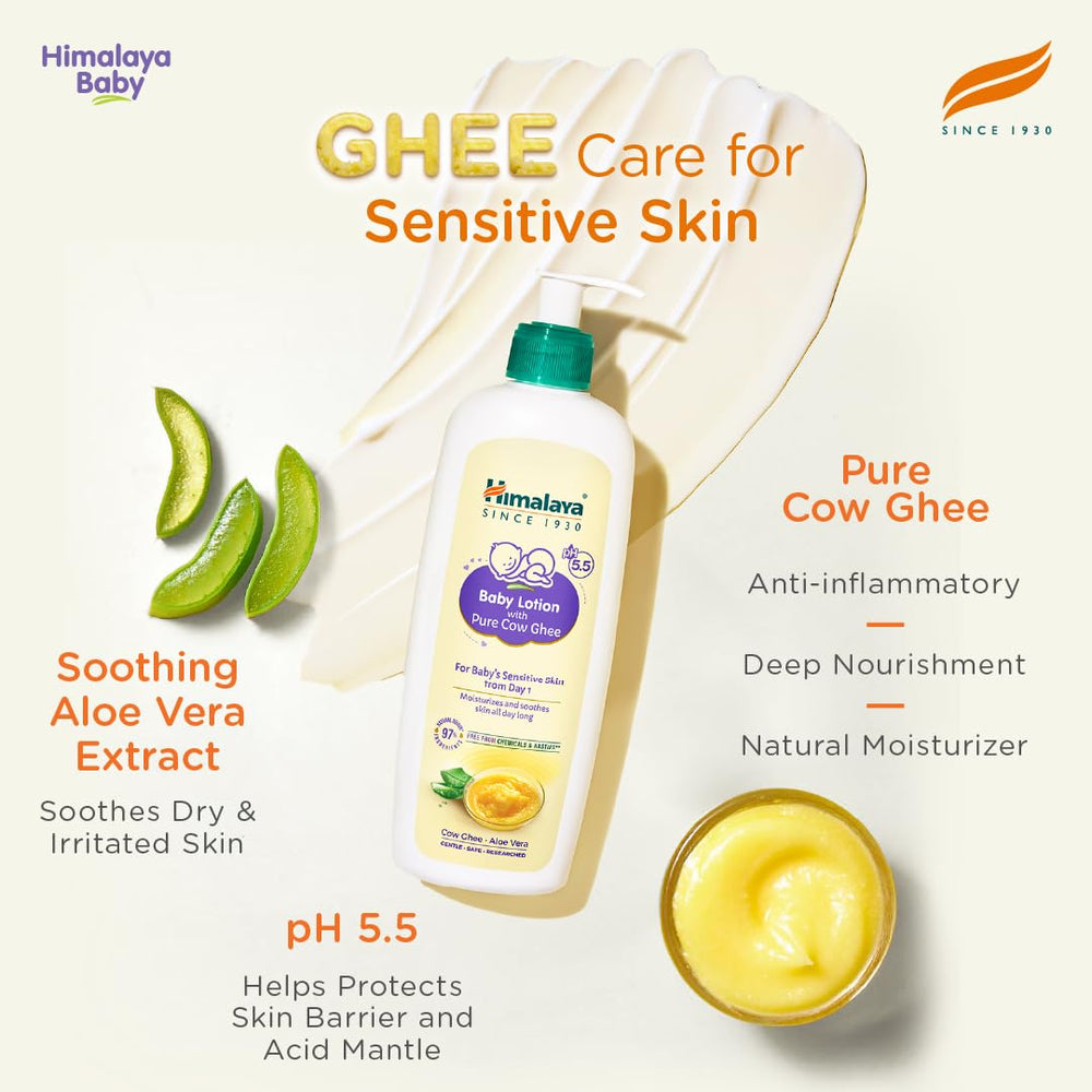 Himalaya Baby Lotion with Pure Cow Ghee & pH5.5 (100ml) | Non-greasy, Moisturizes & soothes skin all day long | For baby's sensitive skin